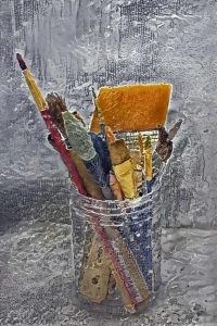 A jar of various paint brushes, grey background and fine black expressive lines. Digital art by Elma Schumacher. 